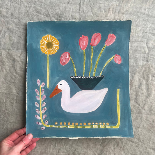 A Duck & Her Flowers | Original Painting